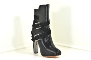 Brian Atwood Enrika Black Satin Mid Calf Suede Straps Buckle Boots 