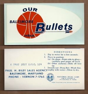 Vintage 1960s Baltimore Bullets NBA Basketball Decal Sticker Nice 