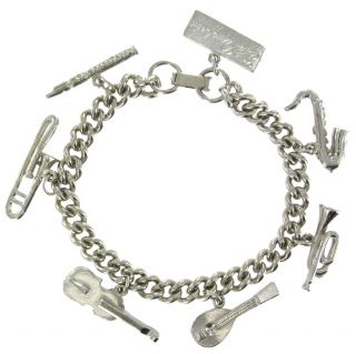 Silver Tone Musical Instrument Band Charm Bracelet