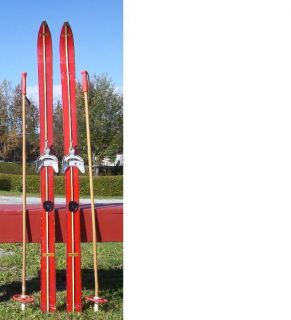 VIntage Wooden Skis 54 RED Skiis BAMBOO POLES GREAT COUNTRY DECOR