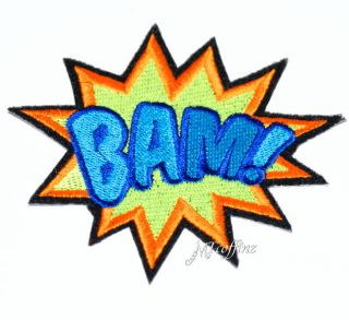 Bam Comic Book Words Starburst Neon Blue UV Iron on Embroidered Patch 