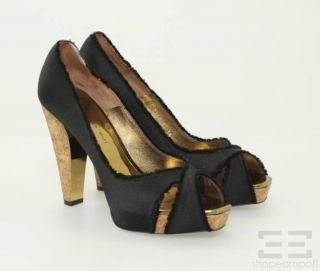 Barbara Bui Black Satin & Cork Platform Peep Toe Heels Size 38