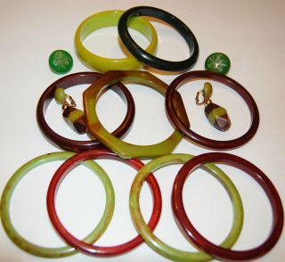 Vintage Lot of 9 Bakelite Bracelets Bangles and Earrings Pea Green and 
