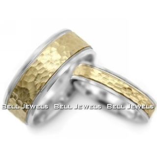   MATCHING PAIR OF HAMMERED WEDDING BANDS SET RINGS 14K TWO 2 TONE GOLD