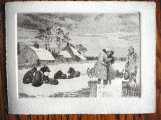 1930s C x Harris Etching Dog Sled Winter Farm
