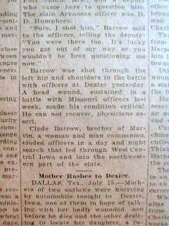   Newspaper Bonnie Clyde Barrow Shootout w Police Dexter Iowa