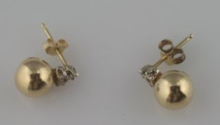  Yellow Gold Round Ball Diamond Trio Tops Post Earrings Pierced