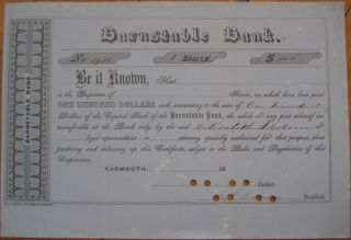 1850 Stock Certificate Barnstable Bank Yarmouth MA