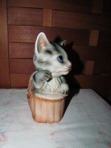 vintage blue eyed kitten cat in baskett collectible