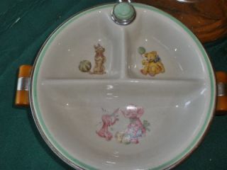Vtg 30s 40s Baby Food Warmer Dish Chrome Lid Porcelain Bakelite Puppy 