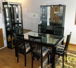 Black Lacquer Dining Room Set table 6 chairs hutch display curio 