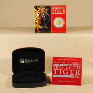 2010 Australian Year of the Tiger 1oz Silver Proof Gilded Edition OGP 