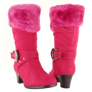 Girls Mid Calf High Heel Faux Fur Collar Suede Fuchsia Boots Kids 