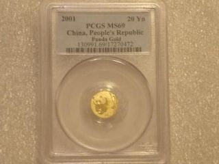2001 CHINA PANDA 20 TWENTY YUAN 999 GOLD 1/20oz COIN PCGS MS69   POP 