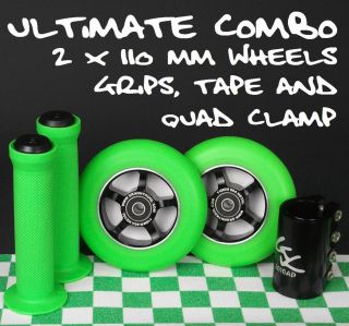 Black Green 110mm Spoke Metal Core Scooter Wheels + Grips + Tape 