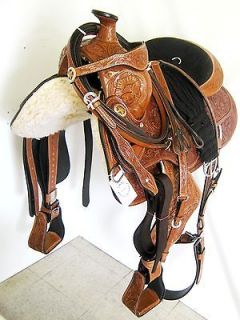 WESTERN ROPING SADDLE SET FULL HAND CARVED TAN 15 SUEDE SEAT (1042)