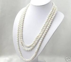 SUPER LONG 100 INCH 7 8MM WHITE AKOYA CULTURED PEARL NECKLACE.GH125