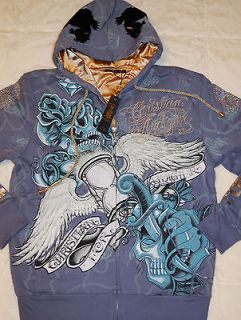 NWT mens Ed Hardy Christian Audigier Pirate Skull hoodie jacket L blue