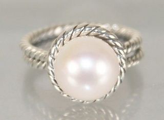 David Yurman 925 Sterling Silver Pearl Cable Wrap Ring, Size 7