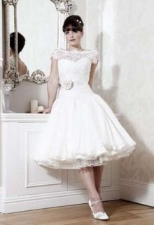 Short sleeves Tea Length Lace puffy Wedding dress Bridal Gown Custom 