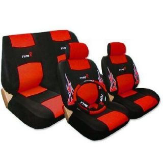 RED & BLACK Low Back Synthetic Leather Seat Covers W Embroidery FLAME 