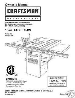  craftsman table saw manual model 152 221240 time left
