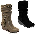 New Ladies Mid Calf Wedge High Heel Winter Fashion Slouch Long Boots 