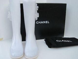 New Authentic Chanel White Sparkle Camellia Flower Heels Rainboots 42 