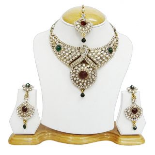 Maroon, Green CZ Party Wear Necklace Set Indian Bollywood Wedding 