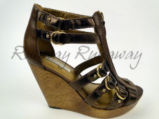 395 Cynthia Vincent Jagger Chocolate Metalic Wood Wedge Sandals 7/7 