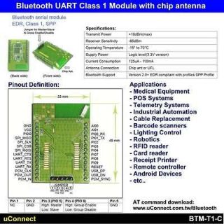 Lone range Bluetooth Class 1 SPP module with chip antenna and pin 