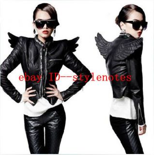 Punk Womens 3D Back Angel Wings Front Zips Faux Leather Close fitting 