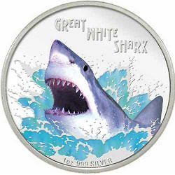 2007 $1 Deadly Dangerous Great White Shark   1oz Silver Proof Coin 