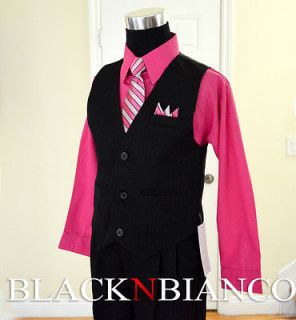 Boys Formal Outfit Pinstripes Black Vest Suit Fuchsia Pink Shirt Size 
