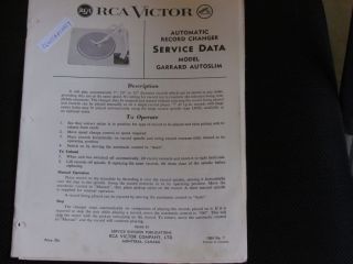 RCA VICTOR MODEL COLLARO RC 456 HI FIELITY CHANGER SERVICE DATA