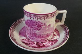 WEDGWOOD ETRURIA DEMI CUP & SAUCER #AM4243 Mulberry Red Transferware 