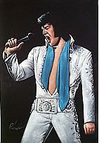 Hand Painted 18x24 Velvet Elvis Presley White Jump Suit w/Blue Scarf 