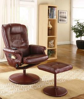 Burgundy Leather Massage Recliner Swivel Chair Ottoman with Heat New 