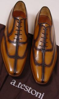 Testoni Shoes $1090 Brown Varnished Seam Wing Tip Handmade Oxford 11 