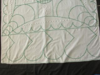 Vintage Light Cotton Tablecloth with Chenille Accents Green White Dots 