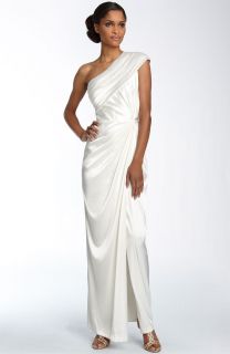 Adrianna Papell White One Shoulder Twist Charmeuse Gown Wedding Dress 