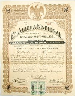 El Aguila Nacional Oil Company Mexican Stock Certificate with 20 