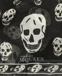 Alexander McQueen Black White Silk Chiffon Skulls Scarf