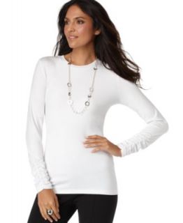 Alfani New Ivory Long Ruched Sleeve Crew Neck Pullover Top Shirt L 