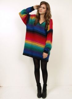 Vtg 80s Rainbow Striped Knit Mohair Oversized Sweater Mini Dress M L 