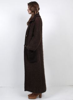 Vtg 70s Brown Reversible Puff Sleeves Knit Long Cardigan Sweater Coat 