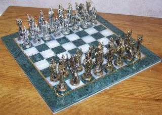 11 Square Marble Board with Ancient Greek Metal Figures Chess Set 