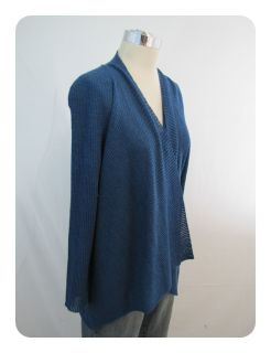 New Eileen Fisher Teal Blue Ribbed Diagonal Air Wool Short Cardigan 