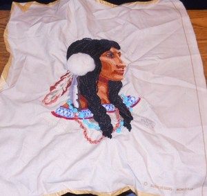 Native American needle work FABRIC panel INDIAN maid sewn STITCHERY 