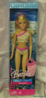 New Retired 2006 Beach Glam Barbie w Glitter Lips Flat Feet Polka Dot 